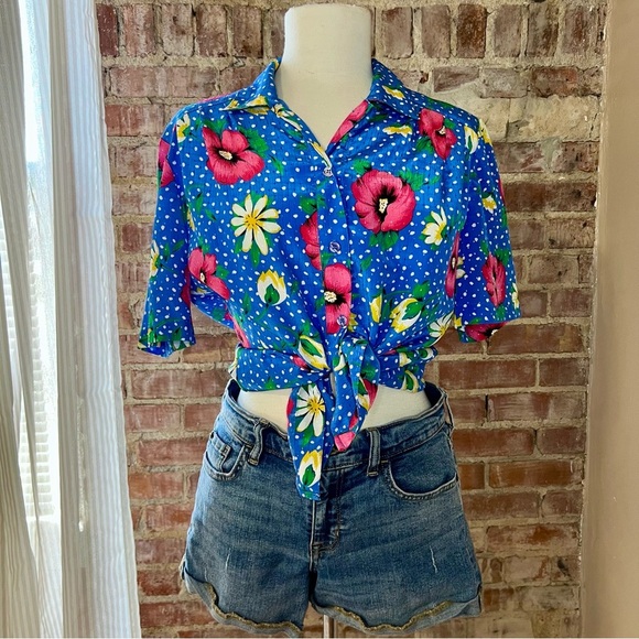 Vintage Floral Polka Dot Blue Hawaiian Shirt -Size M -TP04 - Picture 5 of 9